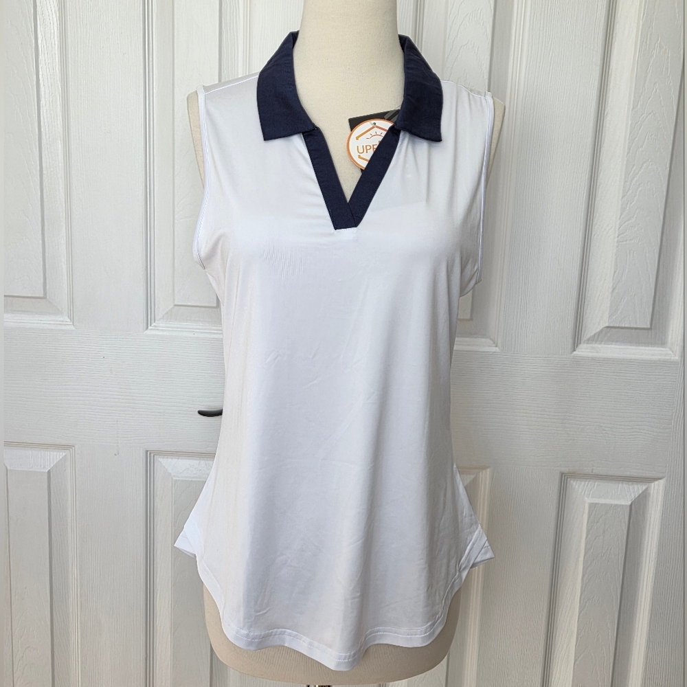 TRAVELS TOGETHER WITH YOU TBY WHITE GOLF TUNIC TANK TOP BLUE COLLAR SMALL
